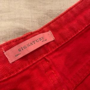 Red denim mini skirt
